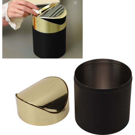 Mini poubelle de bureau en acier inoxydable avec couvercle, couleur dorée, petite taille pour le bureau, la maison ou le salon. (1/5)