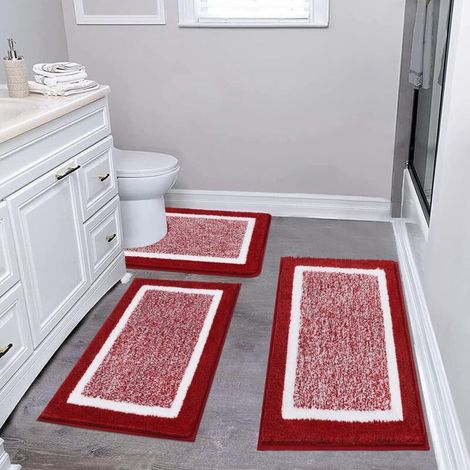 Ensemble de 3 tapis de salle de bain, extra doux, antidérapant et absorbant, en microfibre, rouge