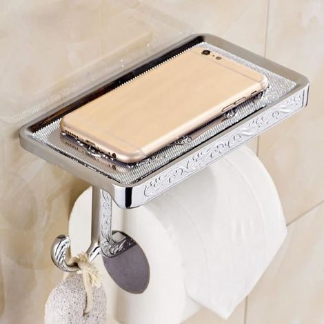 Porte-Rouleau pour Papier Toilette WC Mural Dérouleur Distributeur Papier WC Inox Support de Téléphone pour Salle de Bains Argente (1/4)