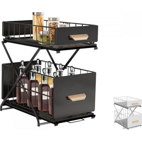 Double armoire à épices --Organisateur de cuisine- Elévateur pliable，Conception coulissante,Pas d\'installation-Noir