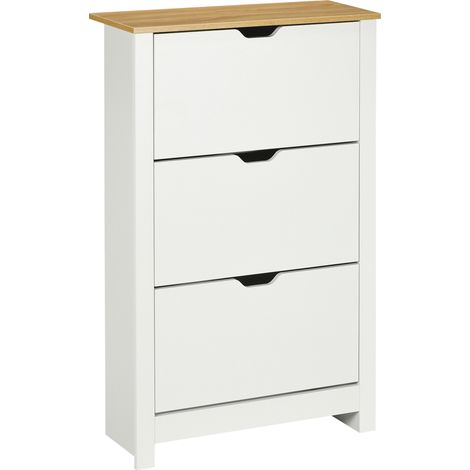 Kippbare Schuhkommode mit 3 Klappen aus weißer und naturfarbener Spanplatte 72 x 26 x 112 cm (1/5)