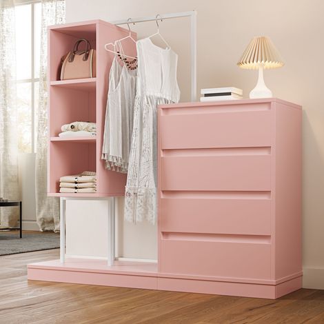 Dressing Ouvert Style Industriel 140x40x135 cm- Armoire Penderie avec Commode 4 Tiroirs, Portant à Vêtements et 3 Étagères - Rose (1/5)
