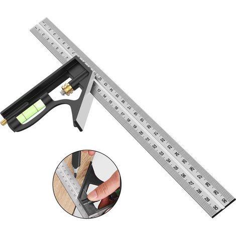 Ouylaf Règle d'angle de combinaison 300mm Équerre en acier inoxydable avec niveau à bulle Tire-lignes intégré pour marquage précis (1/5)