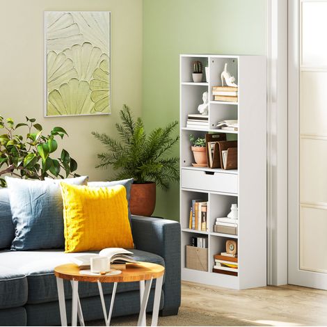 Estantería librería de MDF blanco con 9 baldas abiertas y 1 cajón, 60 x 26 x 158 cm, fijación mural (1/5)