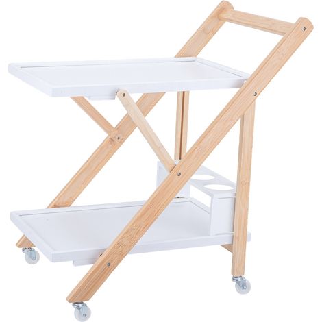 Carro de servicio Relaxdays bambú, carrito de cocina, botellero, con ruedas, 2 estantes, 70x44x39,5 cm, blanco-natural