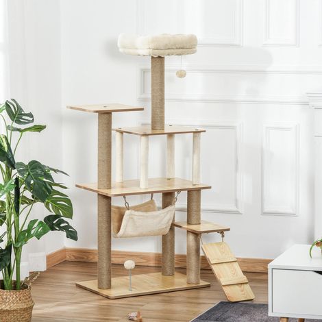 PawHut Katzenkratzbaum 130 cm, Katzenbaum mit 5 Plattformen, Hängematte, Leiter, Höhle, Jute-Stämmen, Hängeball, Beige