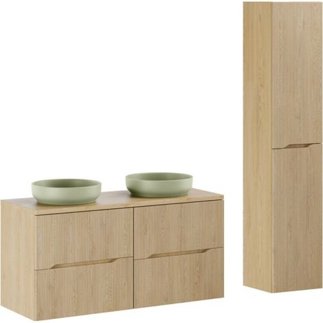 Ensemble NATURA 155cm: Möbel unter Waschtisch 60cm + Platte für Waschbecken + runde grüne Aufsatzwaschbecken + Säule