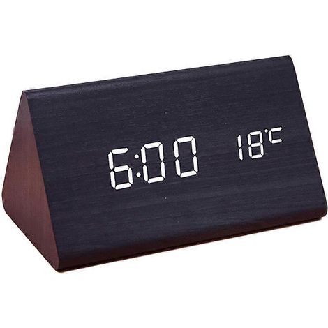 Horloge numérique LED créative en bois avec affichage de la température, calendrier perpétuel, rechargeable et vocale - Ébène (1/4)