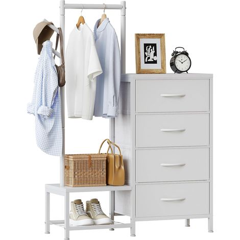Commode 3 en 1 pour chambre à coucher, comprenant 4 tiroirs en tissu, avec une tringle à vêtements robuste et 2 crochets, étagère à chaussures double couche en bas, convient pour chambre à coucher (1/5)