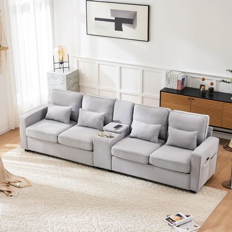 Canapé droit 4 places – Canapé droit multifonction avec méridienne, coussins amovibles et poches sur les accoudoirs – Lin gris clair