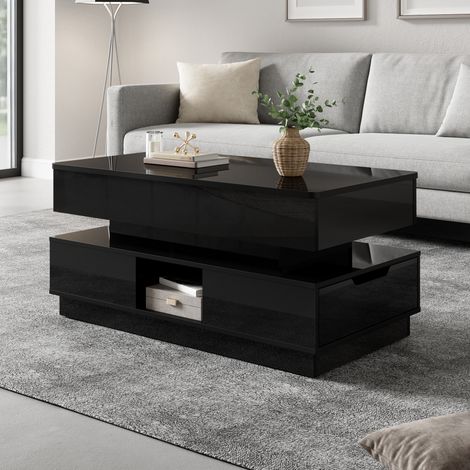 Mesa de centro elevable con almacenaje, LED y enchufe integrado, MDF negro brillo 90x48x42,5 cm (1/5)