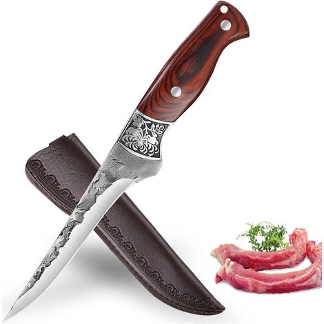couteau à désosser couteaux de cuisine japonais forgé à la main couteau de cuisine Full Tang High Carbon Steel Outdoor couteau de cuisine avec étui en cuir pour camping BBQ (1/5)