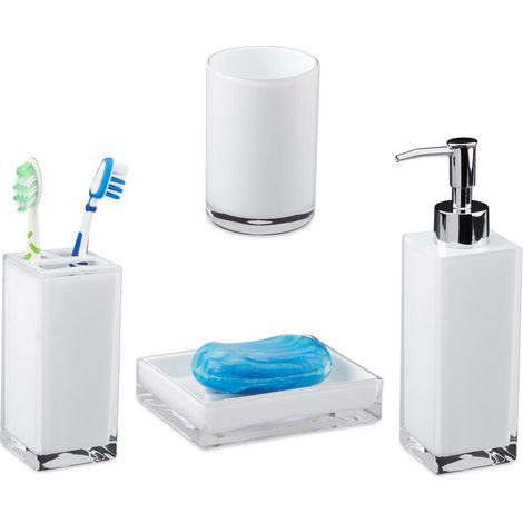 Relaxdays Accessoires salle de bain Set 4 pièces distributeur savon gobelet brosse à dent porte-savon plastique, blanc (1/5)