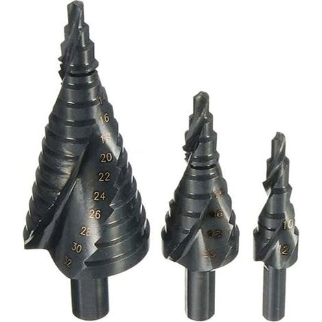 Set mit 3 Titan-Stufenbohrern (4–12 mm/4–20 mm/4–32 mm), Dreikantschaft, für Holzbearbeitung und Heimwerkerprojekte. (1/5)