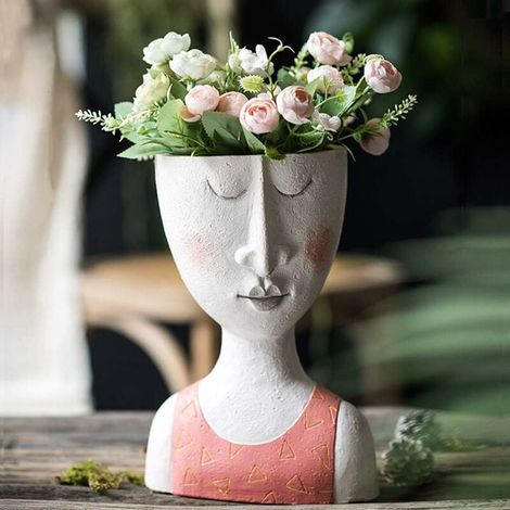 Pot De Fleur - Sculpture Visage Artistique En Résine - Décoration Intérieure Et Extérieure - 27 x 14.5 x 18.5 cm - Rose - 1 Pièce