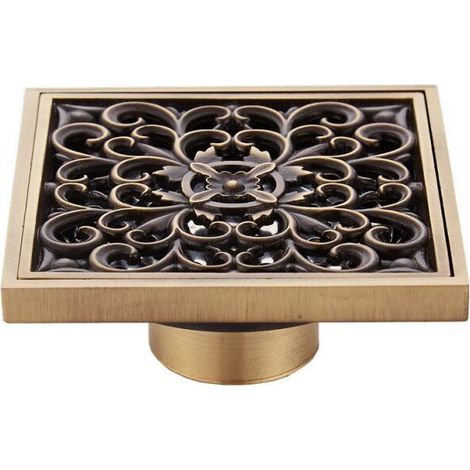 10cm Brass Bathroom Floor Drain - Antique Unique Square Shower Drain Flower Carved for Toilet Garden (1/5)