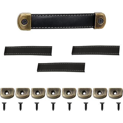 4 Pièces Poignées en cuir pour meubles, Meuble Poignées de Tiroirs - Noir - Poignee en Cuir pour cuisine, salle de bain, armoires, commode, bois (14.3cm) (1/5)
