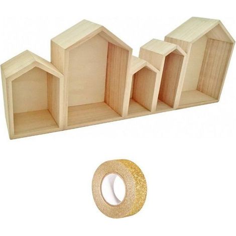 Etagère bois 5 blocs maison 50 x 8 x 20 cm + masking tape doré à paillettes 5 m