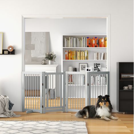 Hundegitter mit 4 Paneelen, 220 x 91 cm, mit Tür, freistehend, hellgrau, OKMYHOME (1/5)