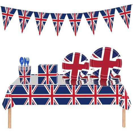 Ensemble de 114 pièces pour une fête au Royaume-Uni en l'honneur du 25e anniversaire de mariage de la reine Elizabeth (noces de platine) : drapeaux, nappes, assiettes en carton, tasses et serviettes.