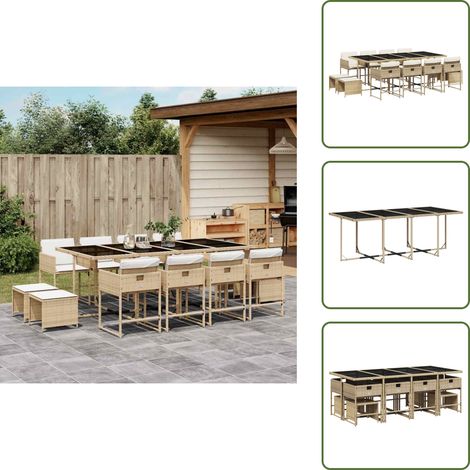 13-tlg. Garten-Essgruppe mit Kissen Beige Poly Rattan - Gartenmöbel Set - PE-Rattan Möbel - Outdoor Esstisch - Gartenstühle - Gartenhocker