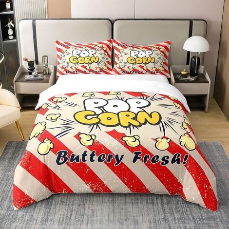 Popcorn Parure de lit Coton cinéma 100% Coton Housse de Couette 140x200cm cinéma Affiche Design Garçons Filles Enfants Adolescents décoration Blanc Rayures Rouges Literie - 140 x 200 cm + 1 taie d'ore (1/5)