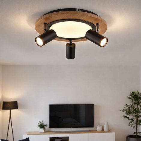 Deckenleuchte 3 Stufen Deckenlampe Strahler schwenkbar Spotleuchte Holz, 3x GU10, 1x LED 15W 1300Lm warmweiß, DxH 40x18 cm