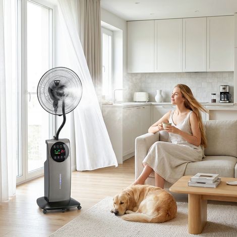 Nebelventilator mit 3,1-Liter-Wassertank, 3 Modi und 3 Geschwindigkeitsstufen, Rollen, 70°-Oszillation, 10°-Neigung, 12-Stunden-Timer, 90 W