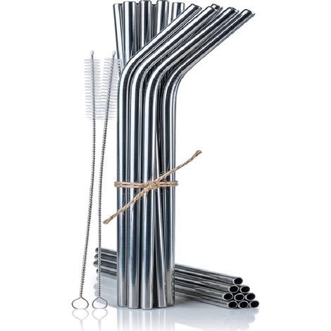 Set 24 Cannucce Acciaio Inox 18/10 Riutilizzabili Color Argento 12 Curve 21.15cm + 12 Dritte 21.5cm Alimentari per Cocktail Bubble Tea Frullati Gin Tonic Professionali con 2 Scovolini Omaggio. (1/4)