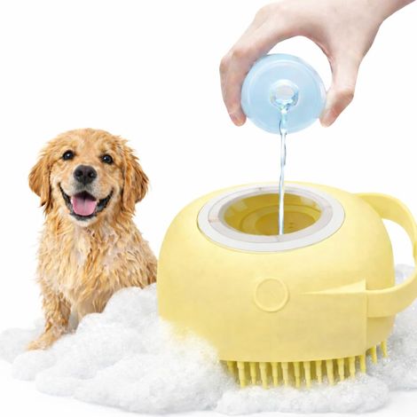 Brosse de Bain en Silicone Souple pour Chien - Réservoir Distributeur de Shampoing Intégré - Massage et Toilettage (JAUNE) (1/5)