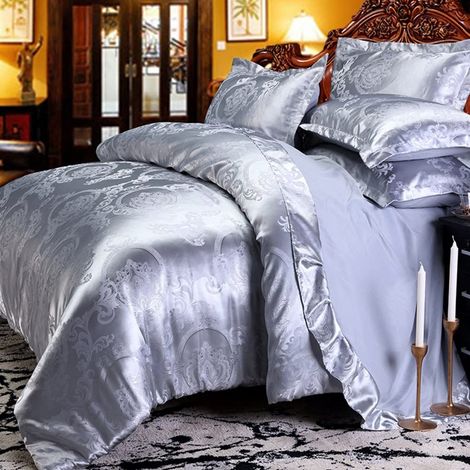 Parure de lit réversible en satin 155 x 220 cm Gris argenté Gris clair Parure de lit Jacquard avec motif floral doré romantique Fermeture éclair 3 pièces Housse de couette en microfibre Motif (1/5)