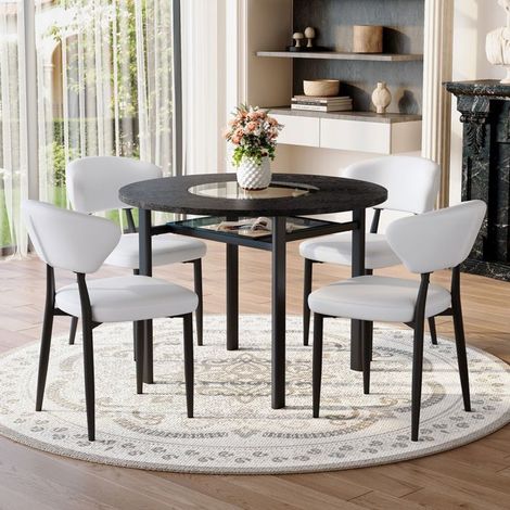 Ensemble Table et Chaises diamètre 100 cm table ronde 4 chaises blanches matière PU dossier galbé confortable effet bois noir (1/5)