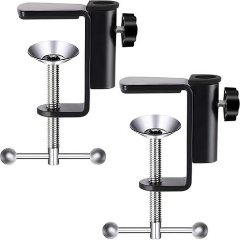 Set mit 2 robusten Monitorhalterungen mit C-Klemmen – universelle Tischhalterungen. Kompatibel mit den meisten Monitoren, aus massivem, schwarzem Metall. Ideal zur Organisation von Arbeitsplätzen. (1/5)
