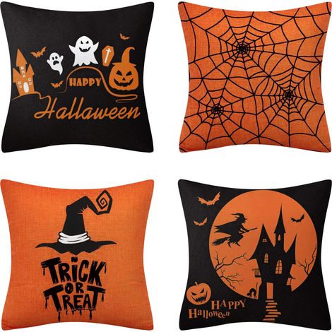 BEBUSINGOTO Halloween-Kissenbezüge, Halloween-Kürbis für draußen, 45,7 x 45,7 cm, Trick or Treat, Halloween-Dekoration für Zuhause, Bauernhaus-Dekor, Halloween-Kissenbezug-Set, 4 Stück