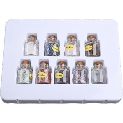Mini-Edelsteinfläschchen, Splitterkristalle, Trommelsteine für Reiki und Wicca (Set)