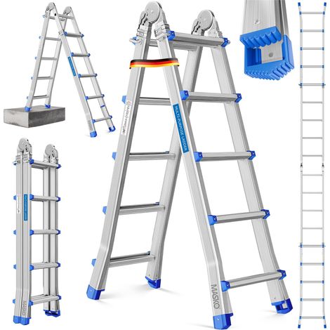 MASKO® Aluleiter Mehrzweckleiter 5 10m 4x5 Sprossen Teleskopleiter Multifunktionsleiter Aluleiter Klappleiter Anlegeleiter Bockleiter 5.10m / 4x5 Sprossen Silber/Blau (1/5)