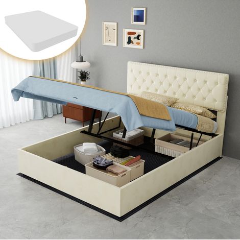 Letto imbottito moderno in velluto beige 140x200 cm con testiera alta, rete a doghe e vano sottoletto, materasso incluso