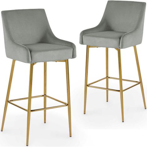 Deco In Paris – Lot de 2 tabourets de bar en velours gris – Hauteur 107.5 cm – Assise 78 cm – Piètement métal doré – Design chic et contemporain (1/5)