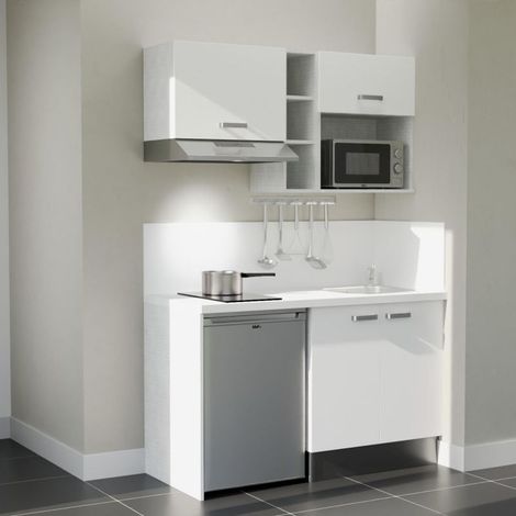 Kitchenette K13L-PT - 140 cm - plan stratifié, évier inox, - Façade Blanc - Plan Blanc - Crédences Oui + Electroménager inclus coloris Inox