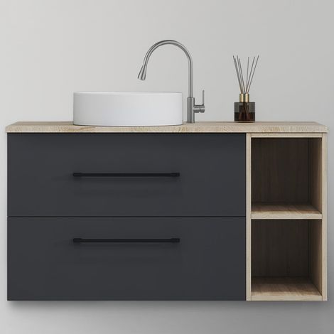 AICA Ensemble de meubles de salle de bain Suspendu 100cm avec Vasque, 2 Tiroirs + Rangements Ouverts + Vasque céramique, Chêne + Anthracite