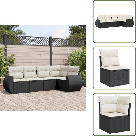 The Living Store Salon de jardin 5 pcs avec coussins noir résine tressée - Ensemble Salon De Jardin - Mobilier Extérieur - Canapé Jardin - Chaise Lounge - Table Basse (1/5)