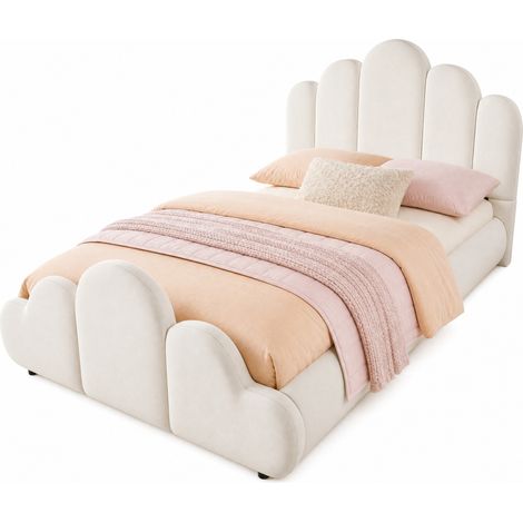 Lit enfant 90x200 cm rembourré en velours beige, tête de lit moelleuse, bords arrondis et base monobloc, maintien du matelas, pour chambre d'enfant  CHICFURN (1/5)