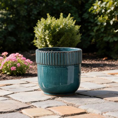 Pot de floraison en céramique turquoise de 23 cm fait main (1/5)