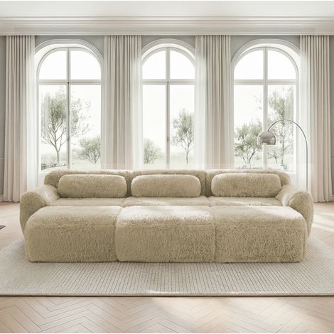 Sofá modular de 3 plazas en tejido suave efecto peluche con 3 pufs, beige claro (1/5)