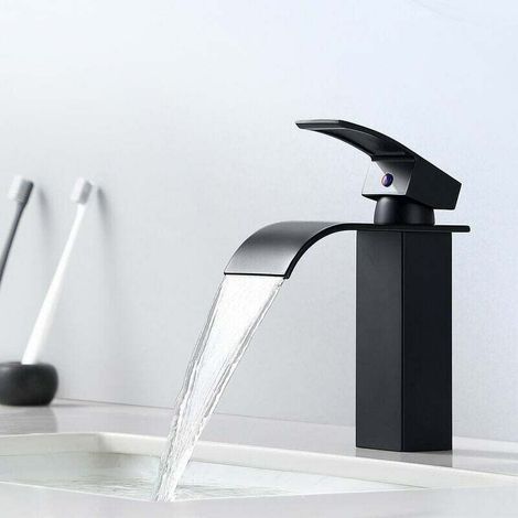 Grifo de baño tipo cascada negro, grifo de lavabo moderno tipo cascada negro de gran altura, grifo mezclador para lavabo con caño de 114 mm de altura, para lavabo empotrado. (1/5)