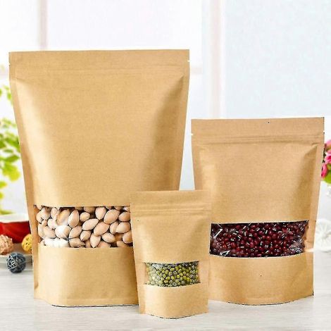 100 sachets Kraft avec fenêtre, sachets à fond plat avec fermeture zip, sacs en papier, sacs de conservation alimentaire - 9 x 14 cm (1/5)