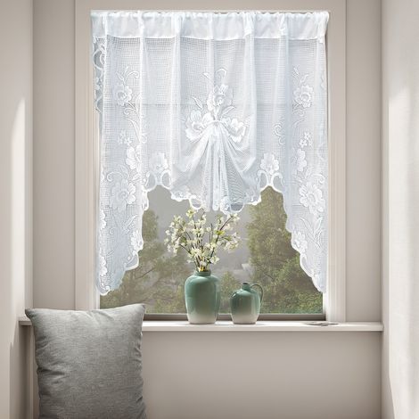 Cortinas semitransparentes de encaje floral blanco, perfectas para la cocina y el baño. Dimensiones: 100 x 100 cm. (1/5)