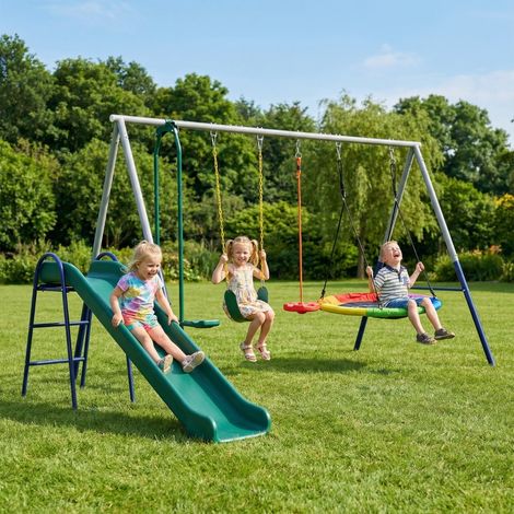 Portique 5 en 1 avec toboggan, hauteur réglable, avec balancelle nid, 382 x 196 x 203 cm, multicolore (1/5)