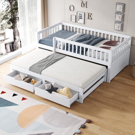 Lit banquette 90x200 cm bois blanc avec 2 tiroirs, lit gigogne et sommier à lattes inclus, sans matelas (1/5)