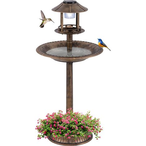 COSTWAY Mangiatoia Decorativa per Uccelli, Casetta per Uccellini da Esterno con Base per Fioriera, Lampada Solare, Decorazione Vintage da Giardino e Cortile (Bronzo) (1/5)